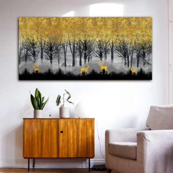 Multicolour_Beautiful_Landscape_Golden_Deers_In_Dark_Forest_Canvas_Painting_Wall_Frame_Wall_Decor_For_Living_Room_|_Modern_Art_Canvas_Painting_(Ready_To_Hang)_(60_By_30_Inches)