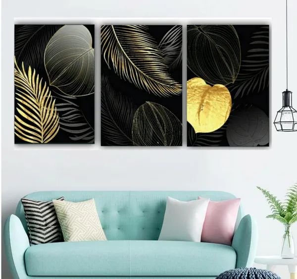 Multicolour_Beautiful_Modern_Art_Abstract_Designs_Tropical_Leaves_Canvas_Painting_Multiple_Frames_For_Living_Room_|_Wall_Art_(Set_Of_3)_(12_By_18_Inches_Each)