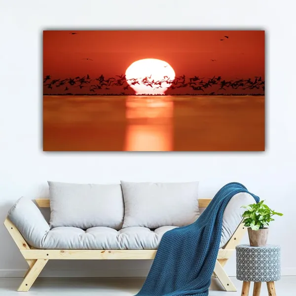 Multicolour_Beautiful_Canvas_Paintings_Silhouette_Of_Black_Headed_Gulls_And_Sunrise_For_Living_Room_|_Bedroom_|_Big_Size_Painting_(With_Frame)_(60_By_30_Inches)