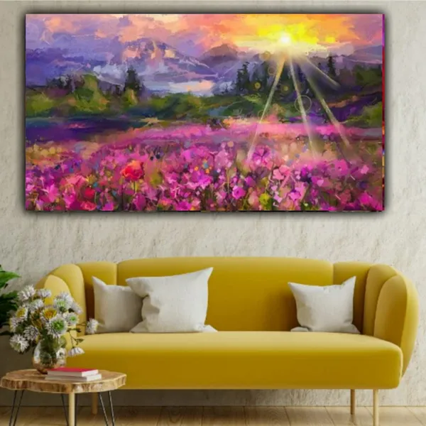 Multicolour_Beautiful_Sunrise_In_Flower_Field_And_Mountains_Landscape_Abstract_Modern_Wall_Art_Decor_Big_Large_Size_Paintings_For_Living_Room_(48_By_24_Inches)_(With_Frame)