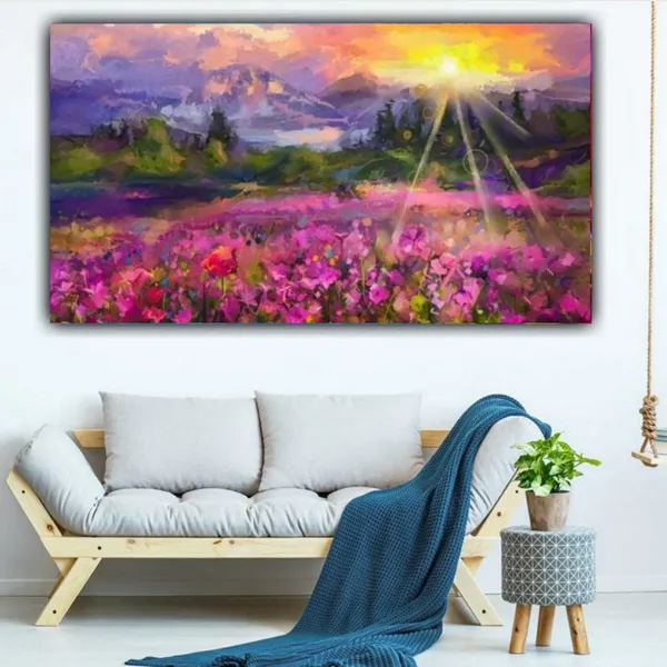 Multicolour_Beautiful_Sunrise_In_Flower_Field_And_Mountains_Landscape_Abstract_Modern_Wall_Art_Decor_Big_Large_Size_Paintings_For_Living_Room_(48_By_24_Inches)_(With_Frame)