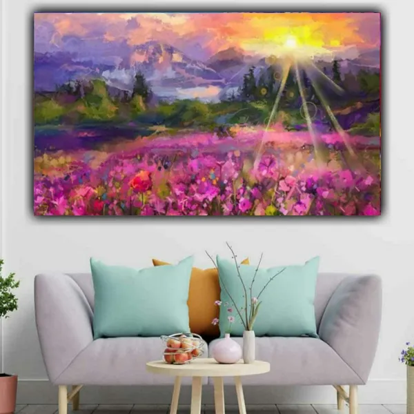 Multicolour_Beautiful_Sunrise_In_Flower_Field_And_Mountains_Landscape_Abstract_Modern_Wall_Art_Decor_Big_Large_Size_Paintings_For_Living_Room_(48_By_24_Inches)_(With_Frame)