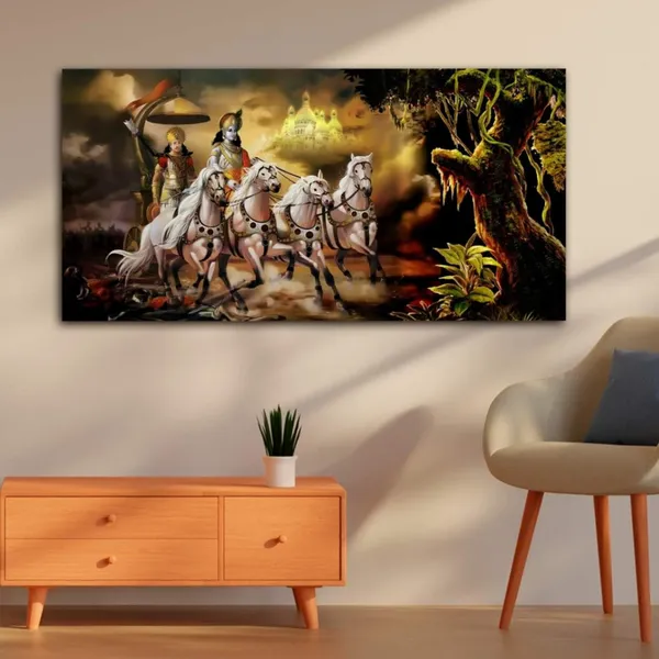 Multicolour_Beautiful_Landscape_Krishna_With_Arjun_On_Rath_Canvas_Painting_Wall_Frame_Wall_Decor_For_Living_Room_|_Modern_Art_Canvas_Painting_(Ready_To_Hang)_(60_By_30_Inches)