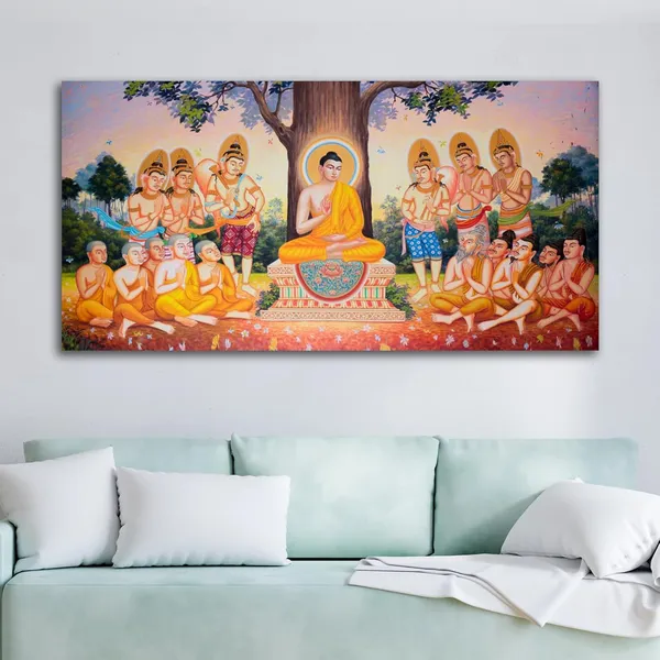 Multicolour_Beautiful_Lord_Buddha_Painting_Canvas_Wall_Frame_Wall_Decor,_Big_Large_Size_Canvas_Painting_Frame_|_Buddha_Painting_Under_Bodhi_Tree_(Ready_To_Hang)_(48_By_24_Inches)