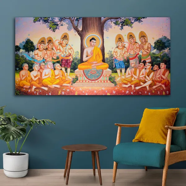 Multicolour_Beautiful_Lord_Buddha_Painting_Canvas_Wall_Frame_Wall_Decor,_Big_Large_Size_Canvas_Painting_Frame_|_Buddha_Painting_Under_Bodhi_Tree_(Ready_To_Hang)_(48_By_24_Inches)
