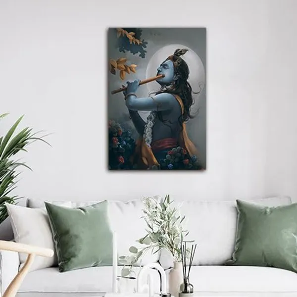 Multicolour_Beautiful_Landscape_Lord_Krishna_With_Flute_Full_Moon_Canvas_Painting_Wall_Frame_Wall_Decor_For_Living_Room,_Modern_Art_Painting_(Ready_To_Hang)_(20_By_30_Inches)