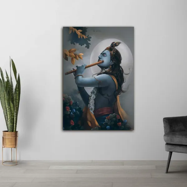 Multicolour_Beautiful_Landscape_Lord_Krishna_With_Flute_Full_Moon_Canvas_Painting_Wall_Frame_Wall_Decor_For_Living_Room,_Modern_Art_Painting_(Ready_To_Hang)_(20_By_30_Inches)