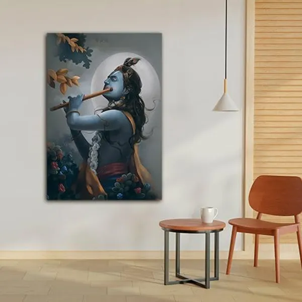 Multicolour_Beautiful_Landscape_Lord_Krishna_With_Flute_Full_Moon_Canvas_Painting_Wall_Frame_Wall_Decor_For_Living_Room,_Modern_Art_Painting_(Ready_To_Hang)_(20_By_30_Inches)