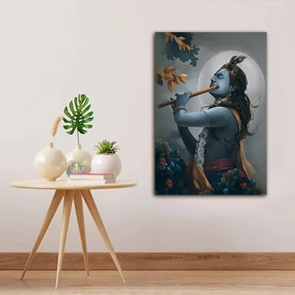 Multicolour_Beautiful_Landscape_Lord_Krishna_With_Flute_Full_Moon_Canvas_Painting_Wall_Frame_Wall_Decor_For_Living_Room,_Modern_Art_Painting_(Ready_To_Hang)_(20_By_30_Inches)