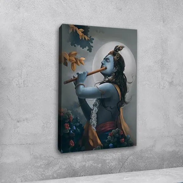 Multicolour_Beautiful_Landscape_Lord_Krishna_With_Flute_Full_Moon_Canvas_Painting_Wall_Frame_Wall_Decor_For_Living_Room,_Modern_Art_Painting_(Ready_To_Hang)_(20_By_30_Inches)