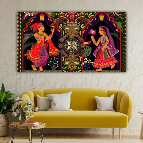 Multicolour_Beautiful_Miniature_Madhubani_Paintings_A_Man_And_A_Women_Canvas_Abstract_Wall_Art_Decor_Big_Large_Size_Paintings_For_Living_Room_(With_Frame)_(48_By_24_Inches)