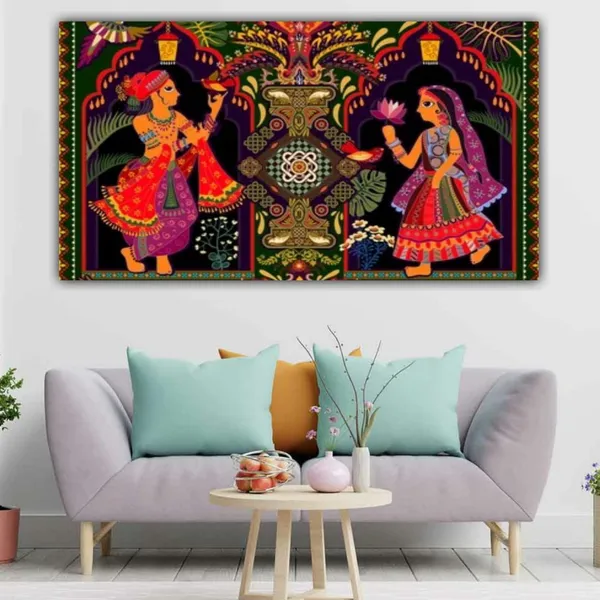 Multicolour_Beautiful_Miniature_Madhubani_Paintings_A_Man_And_A_Women_Canvas_Abstract_Wall_Art_Decor_Big_Large_Size_Paintings_For_Living_Room_(With_Frame)_(48_By_24_Inches)