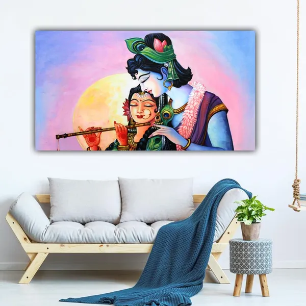 Multicolour_Radha_Krishan_Paintings_Beautiful_Canvas_Radha_Krishan_Under_Full_Moon_Painting_For_Living_Room_Big_Size_(48_By_24_Inches)_(With_Frame)