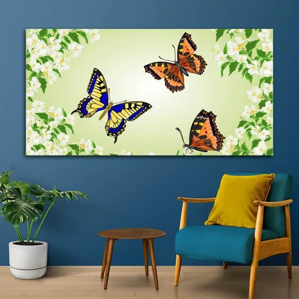 Multicolour_Beautiful_Abstract_Painting_Of_Butterflies_On_Flowers_Canvas_Painting_Wall_Frame_Wall_Decor_For_Living_Room_(Ready_To_Hang)_(48_By_24_Inches)