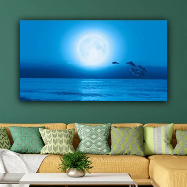 Multicolour_Beautiful,_Canvas_Paintings_Silhouette_Of_Dolphins_Jumping_In_The_Ocean_Under_Blue_Moon_Modern_Art_Painting_For_Living_Room_Big_Size_(48_By_24_Inches)_(With_Frame)