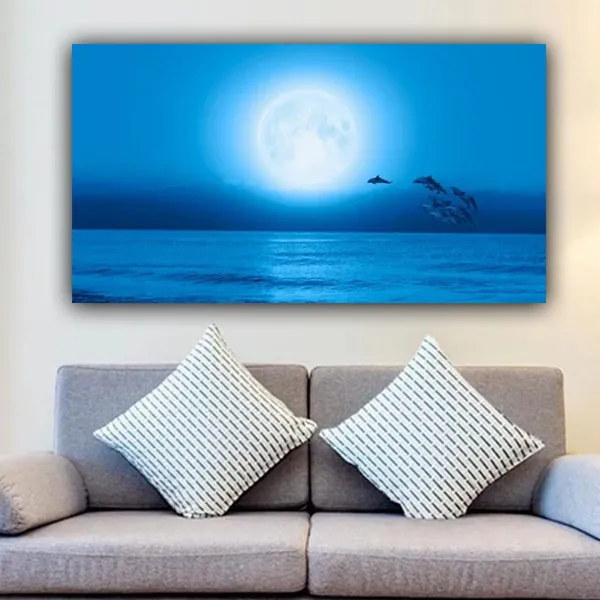 Multicolour_Beautiful,_Canvas_Paintings_Silhouette_Of_Dolphins_Jumping_In_The_Ocean_Under_Blue_Moon_Modern_Art_Painting_For_Living_Room_Big_Size_(48_By_24_Inches)_(With_Frame)