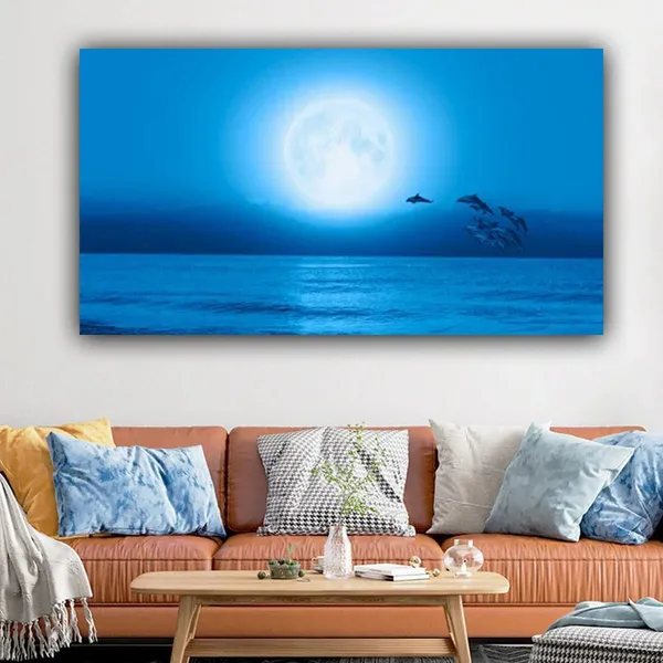 Multicolour_Beautiful,_Canvas_Paintings_Silhouette_Of_Dolphins_Jumping_In_The_Ocean_Under_Blue_Moon_Modern_Art_Painting_For_Living_Room_Big_Size_(48_By_24_Inches)_(With_Frame)