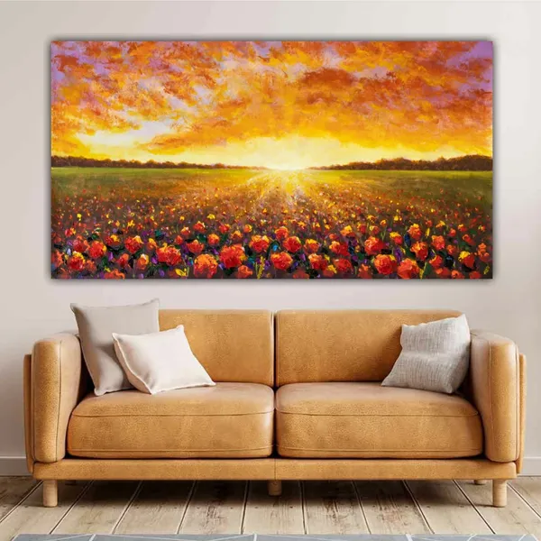 Multicolour_Beautiful_Sunrise_In_Sunflower_Field_Landscape_Painting_Canvas_Abstract_Modern_Wall_Art_Decor_Big_Large_Size_For_Living_Room_(48_By_24_Inches_|_120_B_Y_60_Cm)_(Wooden_Frame)