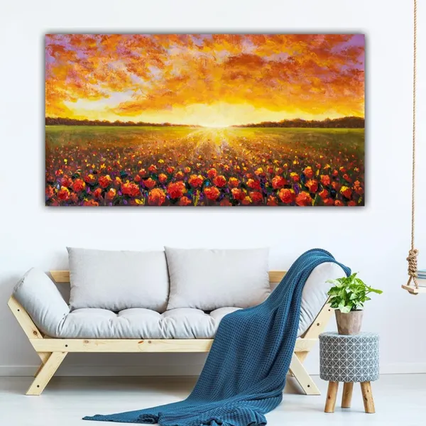 Multicolour_Beautiful_Sunrise_In_Sunflower_Field_Landscape_Painting_Canvas_Abstract_Modern_Wall_Art_Decor_Big_Large_Size_For_Living_Room_(48_By_24_Inches_|_120_B_Y_60_Cm)_(Wooden_Frame)