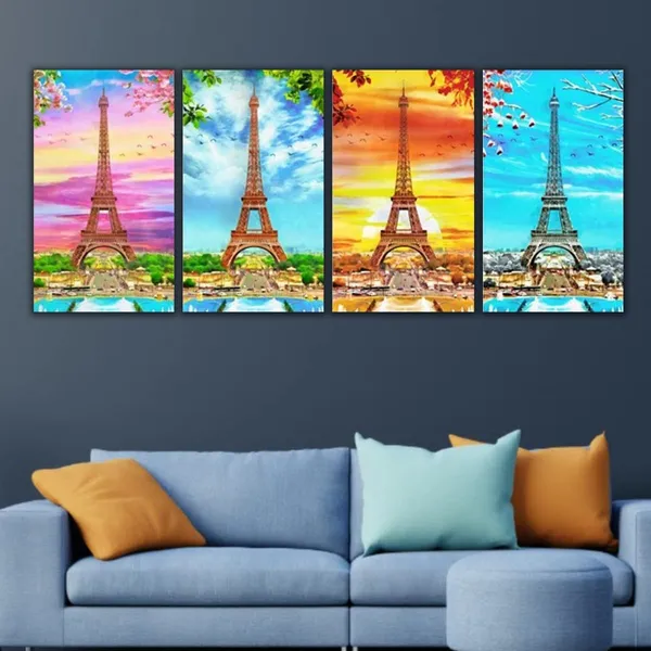 Multicolour_Beautiful_All_Season_Eiffel_Tower_Painting_Spring_Summer_Autumn_And_Winter_Modern_Wall_Art_Decor_Set_Of_4_Multiple_Frames_Big_Large_Size_Paintings_(12_By_24_Inches_Each)