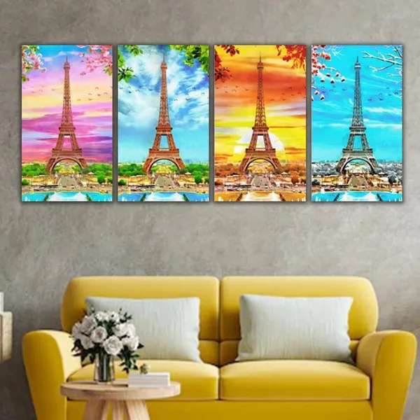 Multicolour_Beautiful_All_Season_Eiffel_Tower_Painting_Spring_Summer_Autumn_And_Winter_Modern_Wall_Art_Decor_Set_Of_4_Multiple_Frames_Big_Large_Size_Paintings_(12_By_24_Inches_Each)