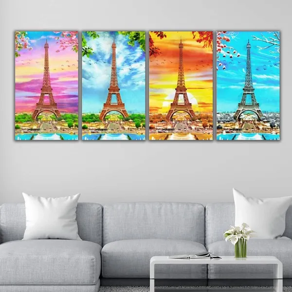 Multicolour_Beautiful_All_Season_Eiffel_Tower_Painting_Spring_Summer_Autumn_And_Winter_Modern_Wall_Art_Decor_Set_Of_4_Multiple_Frames_Big_Large_Size_Paintings_(12_By_24_Inches_Each)