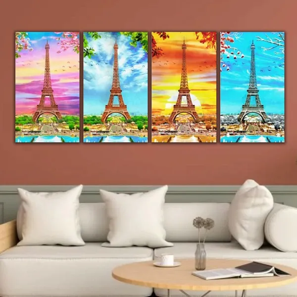 Multicolour_Beautiful_All_Season_Eiffel_Tower_Painting_Spring_Summer_Autumn_And_Winter_Modern_Wall_Art_Decor_Set_Of_4_Multiple_Frames_Big_Large_Size_Paintings_(12_By_24_Inches_Each)