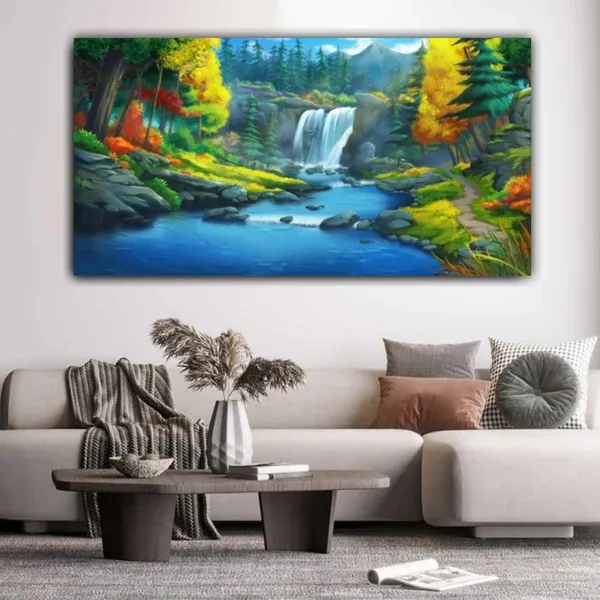 Multicolour_Beautiful_Waterfall_In_A_Forest_Landscape_Painting_Canvas_Modern_Wall_Art_Abstract_Big_Large_Size_Photo_Frame_For_Home_Decor_(With_Frame)_(48_By_24_Inches_|_120_By_60_Cm)