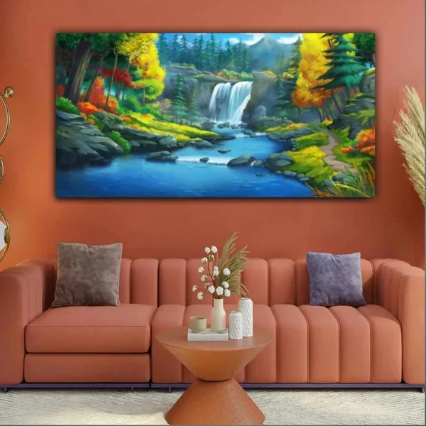 Multicolour_Beautiful_Waterfall_In_A_Forest_Landscape_Painting_Canvas_Modern_Wall_Art_Abstract_Big_Large_Size_Photo_Frame_For_Home_Decor_(With_Frame)_(48_By_24_Inches_|_120_By_60_Cm)