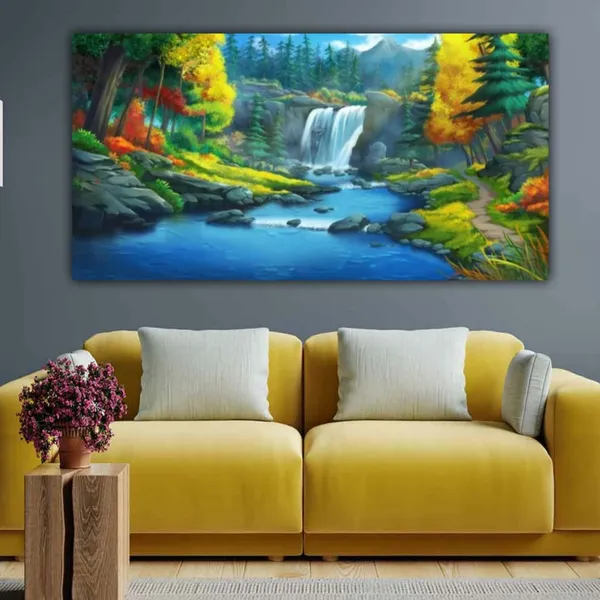 Multicolour_Beautiful_Waterfall_In_A_Forest_Landscape_Painting_Canvas_Modern_Wall_Art_Abstract_Big_Large_Size_Photo_Frame_For_Home_Decor_(With_Frame)_(48_By_24_Inches_|_120_By_60_Cm)