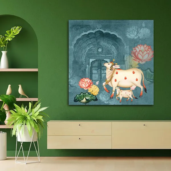 Multicolour_Beautiful_Cow_And_Calf_Canvas_Painting_Wall_Frame_Wall_Decor_For_Living_Room,_Modern_Art_Painting_(Ready_To_Hang)_(24_By_24_Inches)
