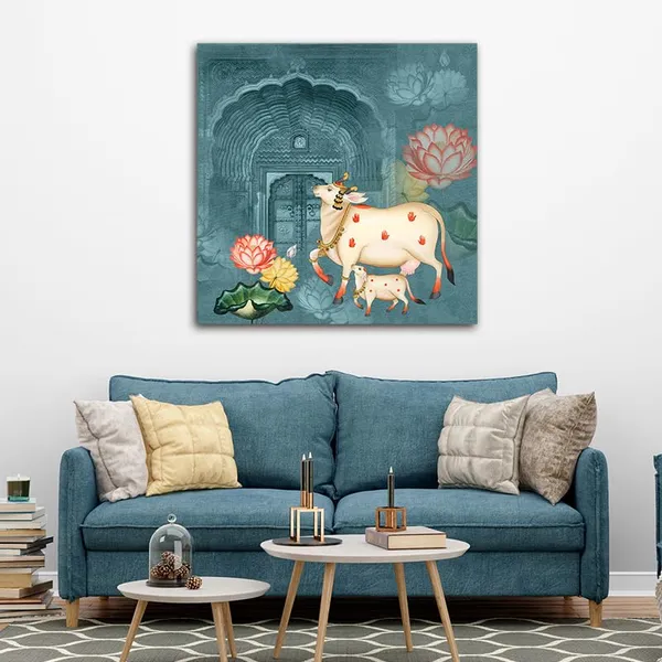 Multicolour_Beautiful_Cow_And_Calf_Canvas_Painting_Wall_Frame_Wall_Decor_For_Living_Room,_Modern_Art_Painting_(Ready_To_Hang)_(24_By_24_Inches)