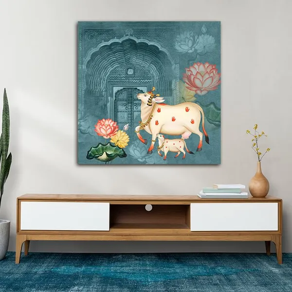 Multicolour_Beautiful_Cow_And_Calf_Canvas_Painting_Wall_Frame_Wall_Decor_For_Living_Room,_Modern_Art_Painting_(Ready_To_Hang)_(24_By_24_Inches)