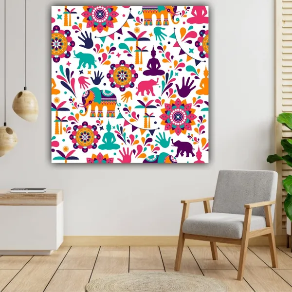 Multicolour_Beautiful_Madhubani_Paintings_Modern_Wall_Art_Decor_Canvas_Painting_For_Living_Room_|_Bedroom_|_Office_Walls_(24_By_24_Inches)_(With_Frame)