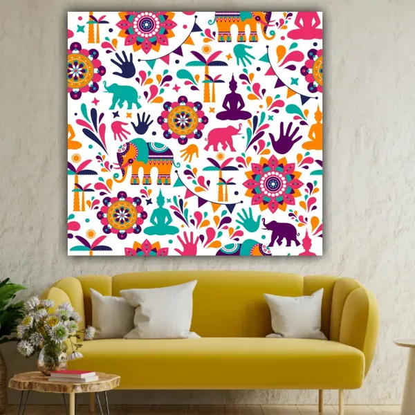 Multicolour_Beautiful_Madhubani_Paintings_Modern_Wall_Art_Decor_Canvas_Painting_For_Living_Room_|_Bedroom_|_Office_Walls_(24_By_24_Inches)_(With_Frame)