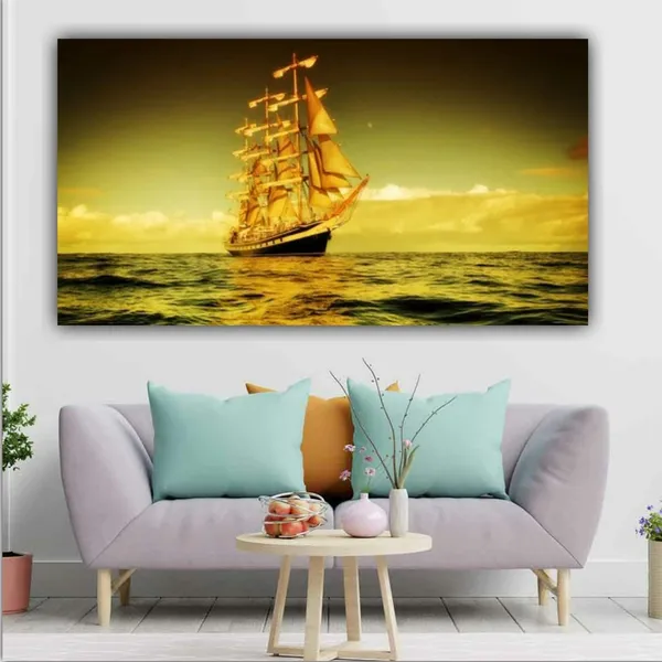 Multicolour_Sailing_Ship_In_Beautiful_Sunset_Canvas_Paintings_For_Living_Room_|_Bedroom_|_Office_Wall_(With_Frame)_(24_By_48_Inches)