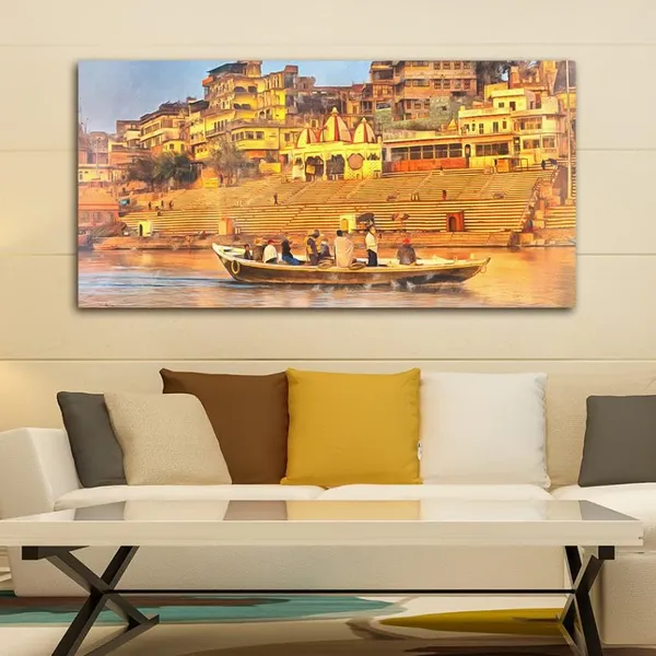 Multicolour_Ganga_Ghat_Canvas_Painting_Frame_Wall_Decor,_Varanasi_Ganga_Ghat_Wall_Frame_|_Big_Large_Size_Wall_Painting_Frame_|_Canvas_Painting_(Ready_To_Hang)_(48_By_24_Inches)