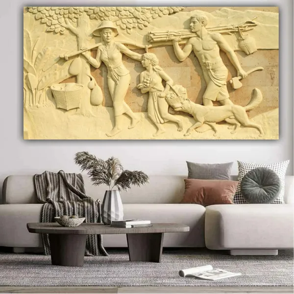 Multicolour_Beautiful_3D_Painting_Of_A_Farmer_Family_Village_Landscape_Canvas_Abstract_Modern_Wall_Art_Decor_Madhubani_Big_Large_Size_Paintings_(With_Wooden_Frame)_(60_By_30_Inches)