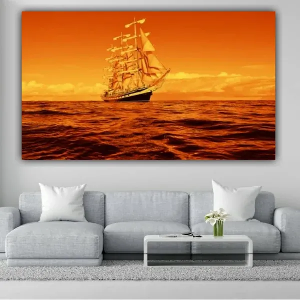 Multicolour_Beautiful_Canvas_Paintings_Sailing_Ship_In_A_Golden_Sunset_For_Living_Room_(With_Frame)_(36_By_24_Inches)