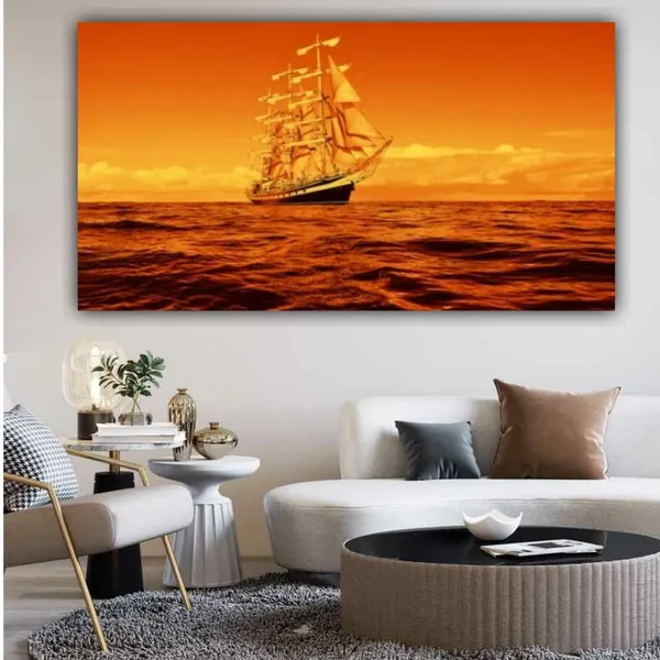 Multicolour_Beautiful_Canvas_Paintings_Sailing_Ship_In_A_Golden_Sunset_For_Living_Room_(With_Frame)_(36_By_24_Inches)