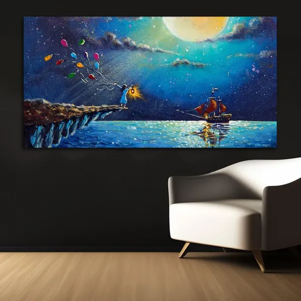 Multicolour_Beautiful_Landscape_Boat_&_Girl_Artistic_Night_Scenery_Canvas_Painting_Wall_Frame_Wall_Decor_For_Living_Room,_Modern_Art_Painting_(Ready_To_Hang)_(48_By_24_Inches)