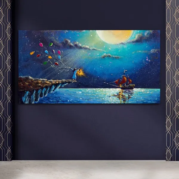 Multicolour_Beautiful_Landscape_Boat_&_Girl_Artistic_Night_Scenery_Canvas_Painting_Wall_Frame_Wall_Decor_For_Living_Room,_Modern_Art_Painting_(Ready_To_Hang)_(48_By_24_Inches)