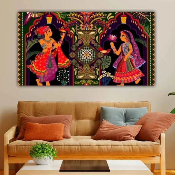 Multicolour_Beautiful_Miniature_Madhubani_Paintings_A_Man_And_A_Women_Canvas_Abstract_Wall_Art_Decor_Big_Large_Size_Paintings_For_Living_Room_(With_Wooden_Frame)_(60_By_30_Inches)