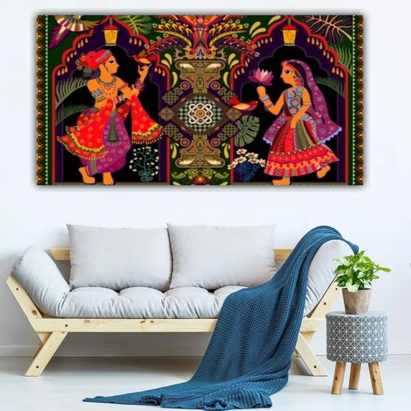 Multicolour_Beautiful_Miniature_Madhubani_Paintings_A_Man_And_A_Women_Canvas_Abstract_Wall_Art_Decor_Big_Large_Size_Paintings_For_Living_Room_(With_Wooden_Frame)_(60_By_30_Inches)