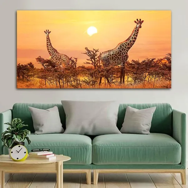Multicolour_Beautiful_Giraffes_Sunset_In_Background_Canvas_Painting_Wall_Frame_Wall_Decor_For_Living_Room_|_Modern_Art_Canvas_Painting_(Ready_To_Hang)_(60_By_30_Inches)