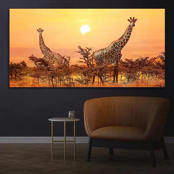 Multicolour_Beautiful_Giraffes_Sunset_In_Background_Canvas_Painting_Wall_Frame_Wall_Decor_For_Living_Room_|_Modern_Art_Canvas_Painting_(Ready_To_Hang)_(60_By_30_Inches)