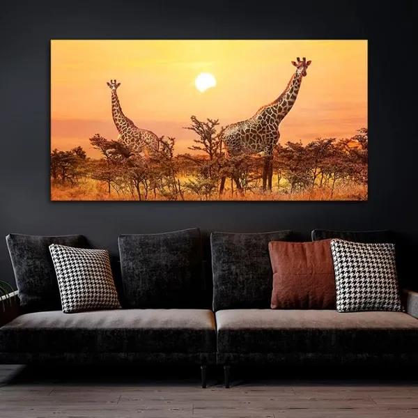 Multicolour_Beautiful_Giraffes_Sunset_In_Background_Canvas_Painting_Wall_Frame_Wall_Decor_For_Living_Room_|_Modern_Art_Canvas_Painting_(Ready_To_Hang)_(60_By_30_Inches)
