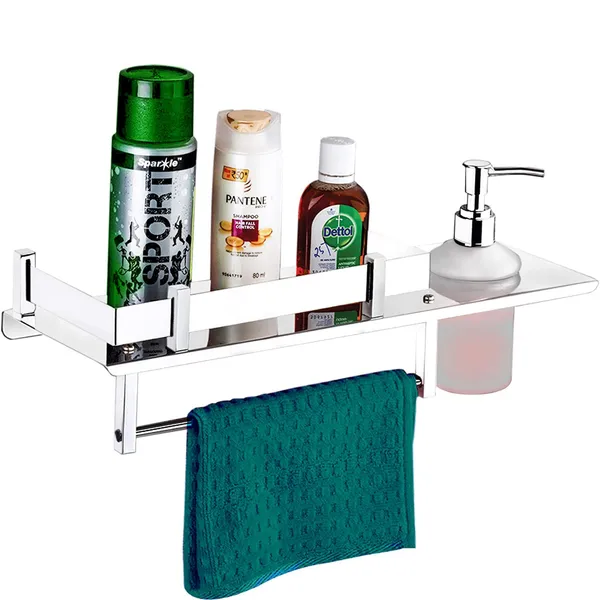 Silver_Stainless_Steel_Bathroom_Shelf_With_Soap_Dispenser_And_Towel_Ring_(14_X_5_Inch)