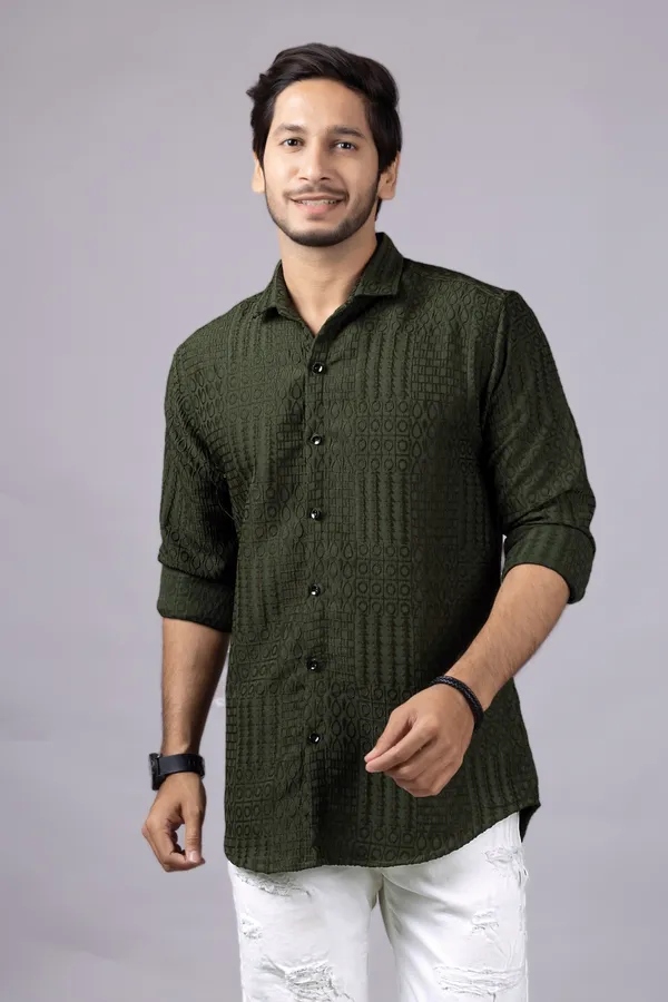 Green_Casual_Roll_Up_Sleeve_Solid_Printed_Men_Shirt