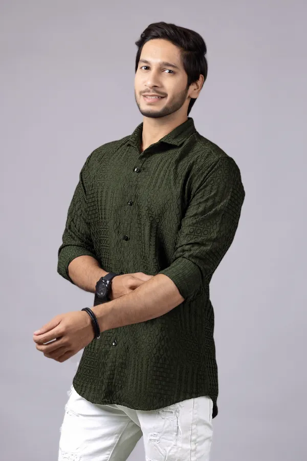 Green_Casual_Roll_Up_Sleeve_Solid_Printed_Men_Shirt